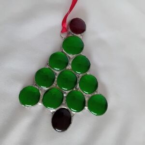 Vintage Handmade Green Red And Black Stain Glass Christmas Tree Ornament